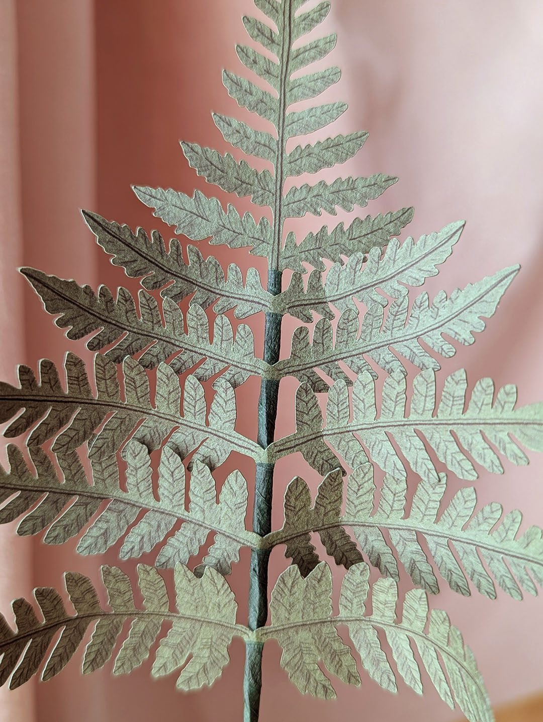 Gros plan sur les folioles détaillées d'une tige fougère en papier vert océan faite main
