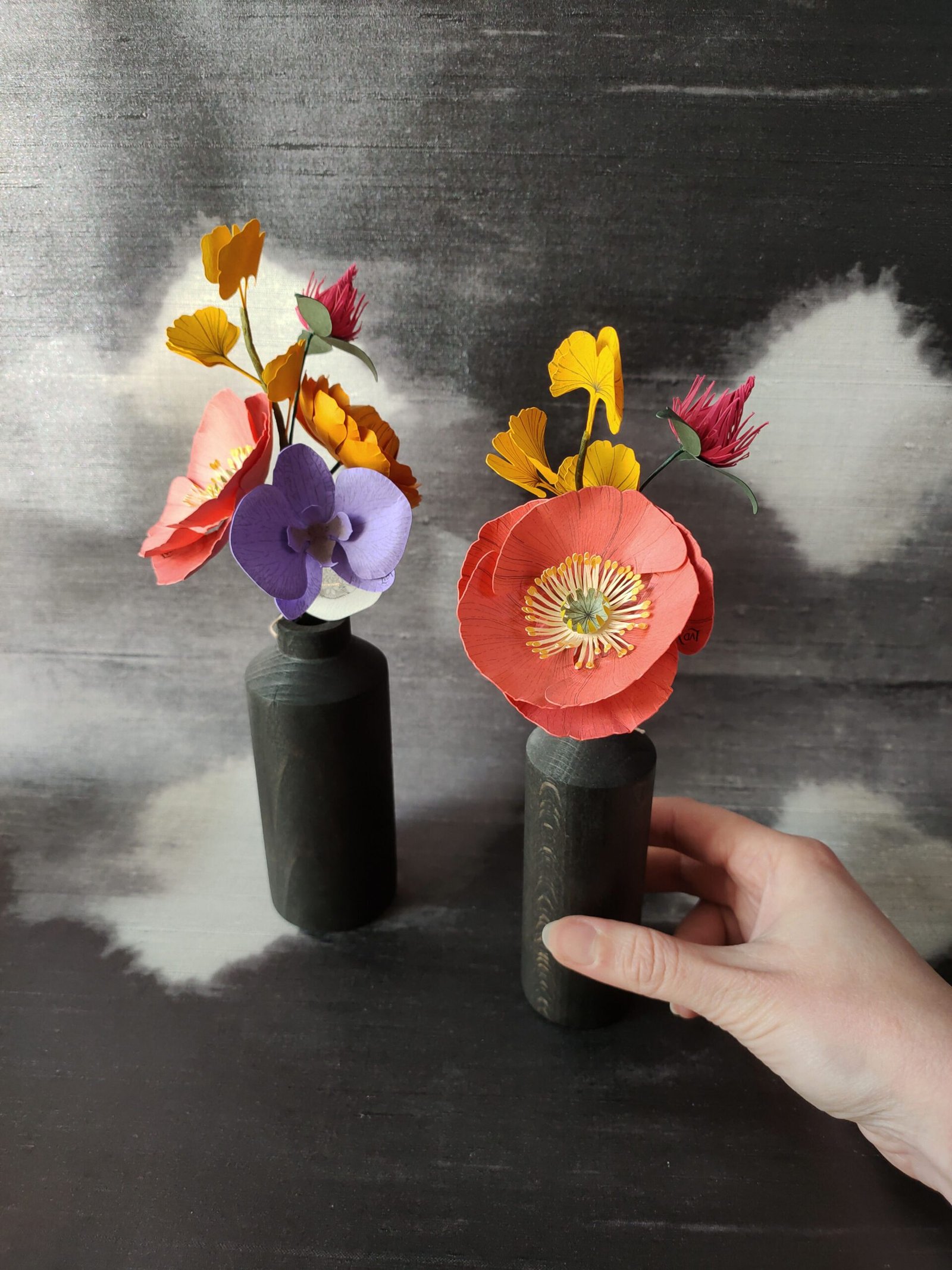 bouquet fleurs en papier dessiné coloré déco artisanale durable pavot ginkgo orchidée renoncule