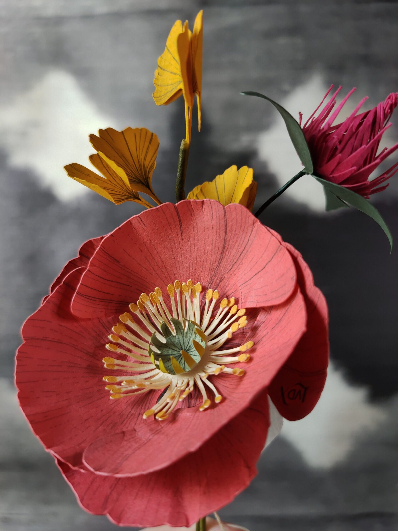 bouquet fleurs en papier dessiné coloré déco artisanale durable pavot ginkgo