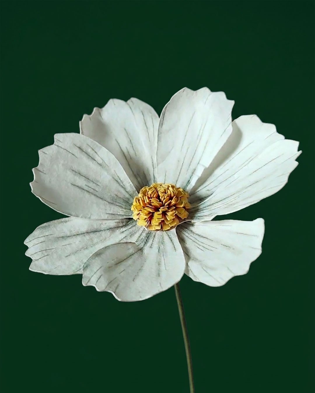 Fleur de cosmos blanche en papier réalisée à la main, décoration florale durable et artisanale.