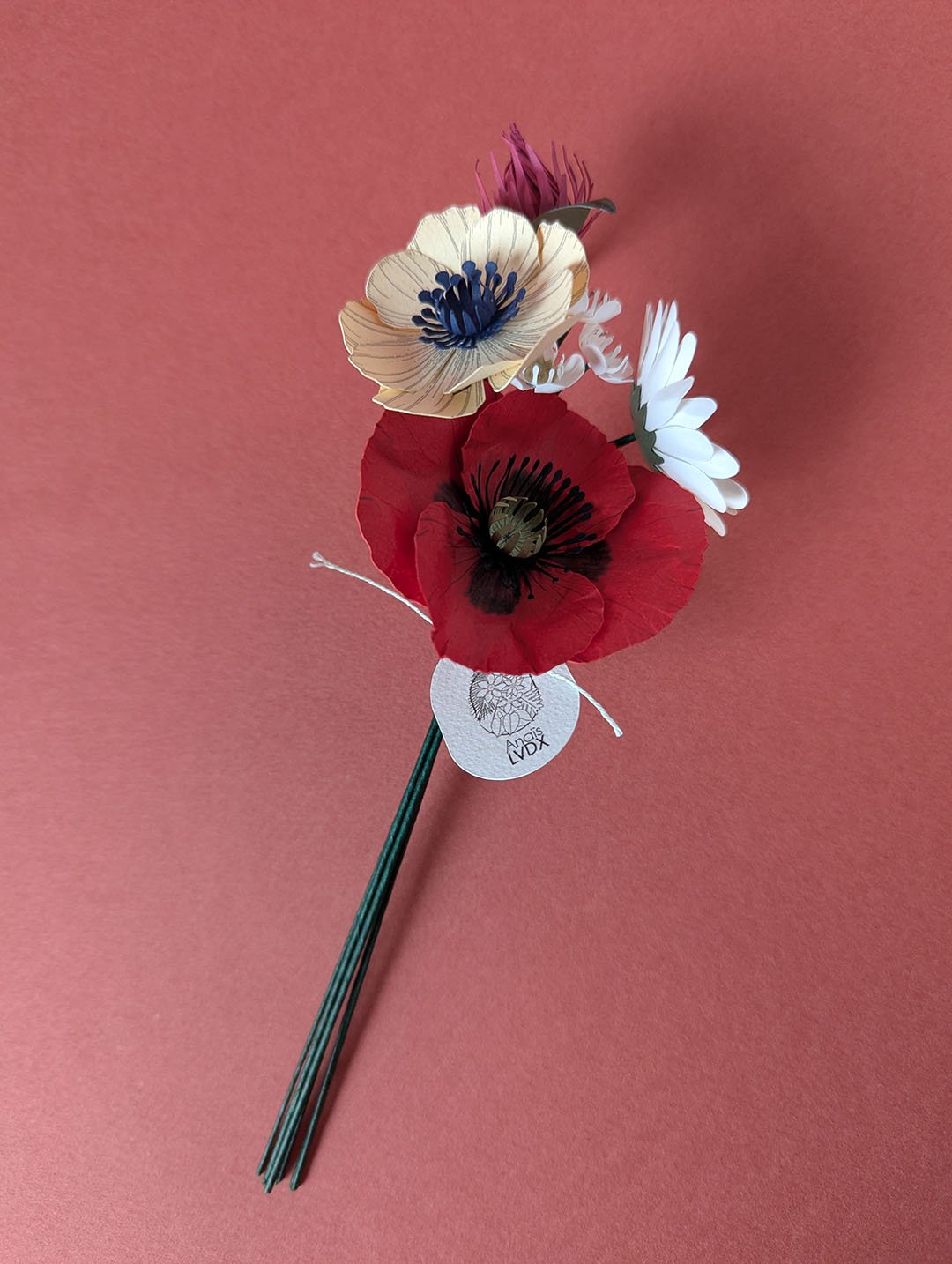 Bouquet de fleurs en papier posé à plat sur fond terracotta, étiquette Anaïs LVDX visible, tiges vertes liées