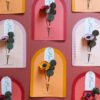 Collection Éclore, cartes fleuries Merci Fleuri en trois coloris disposées en colonnes, fleurs en papier artisanales