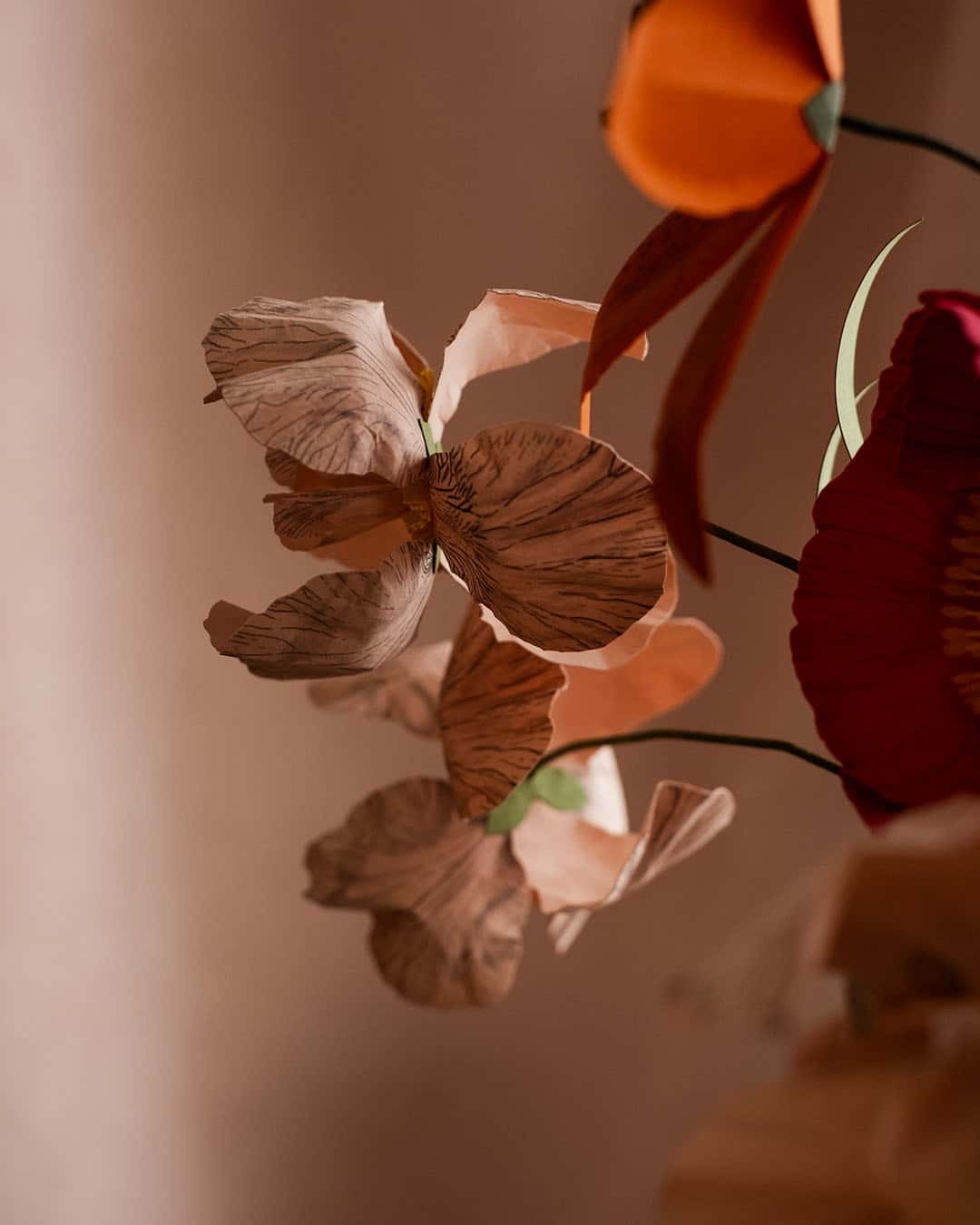 Gros plan sur une tige d'iris rosa en papier d'art teinté avec nervures dessinées au marqueur, entourée de pavots fuchsia et lys orange, bouquet artisanal Anaïs LVDX