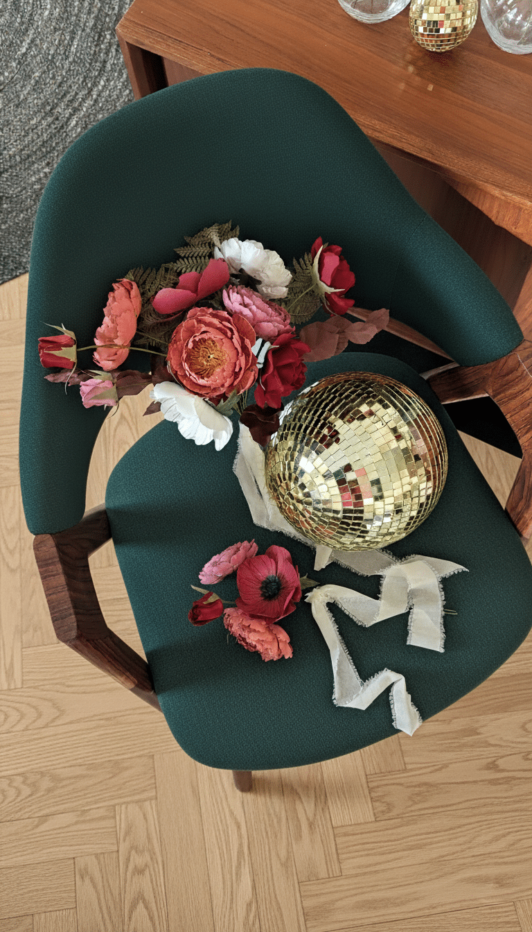 Bouquet de mariée fleurs en papier grenat et rose vénitien posé sur fauteuil vert, ambiance boule disco