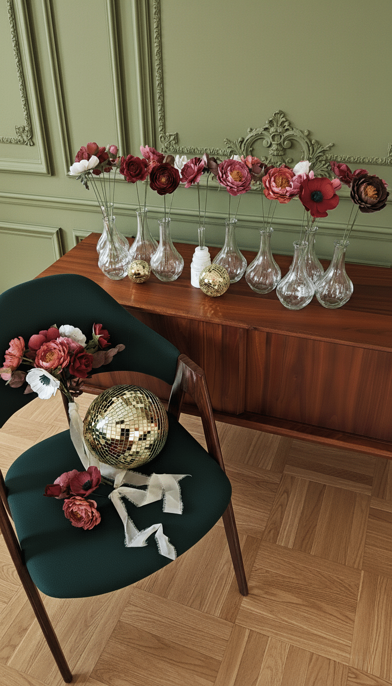 Fleurs en papier grenat, rose vénitien et blanc en vases individuels, décoration intérieure vert olive
