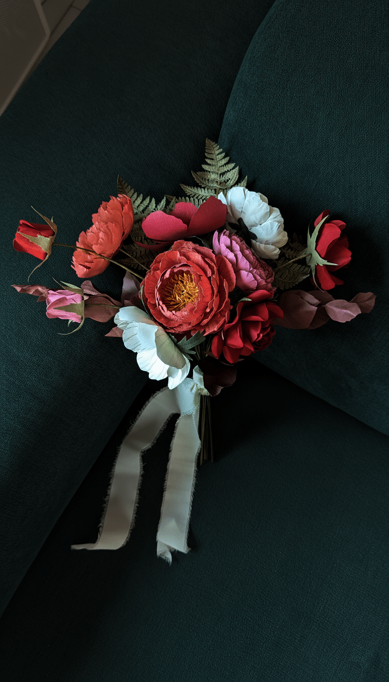 Gros plan bouquet de mariée fleurs en papier rose vénitien et grenat sur fauteuil vert foncé