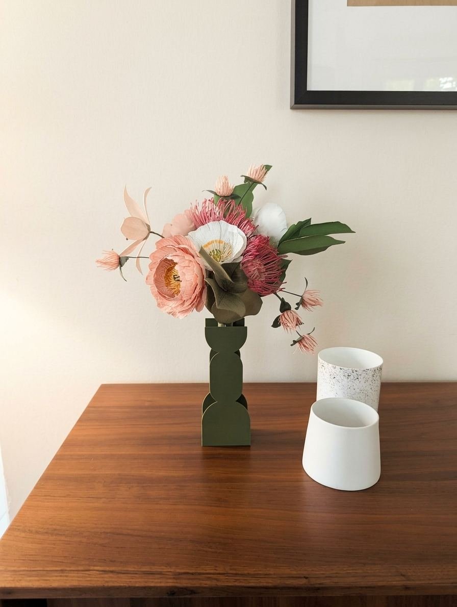 Bouquet de fleurs en papier rose, blanc et vert dans un vase olive posé près de deux pots en céramique blanche