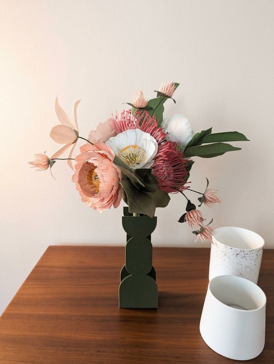 Gros plan sur un bouquet de fleurs en papier avec une pivoine rosa, un pavot blanc et des leucospermums rose vénitien