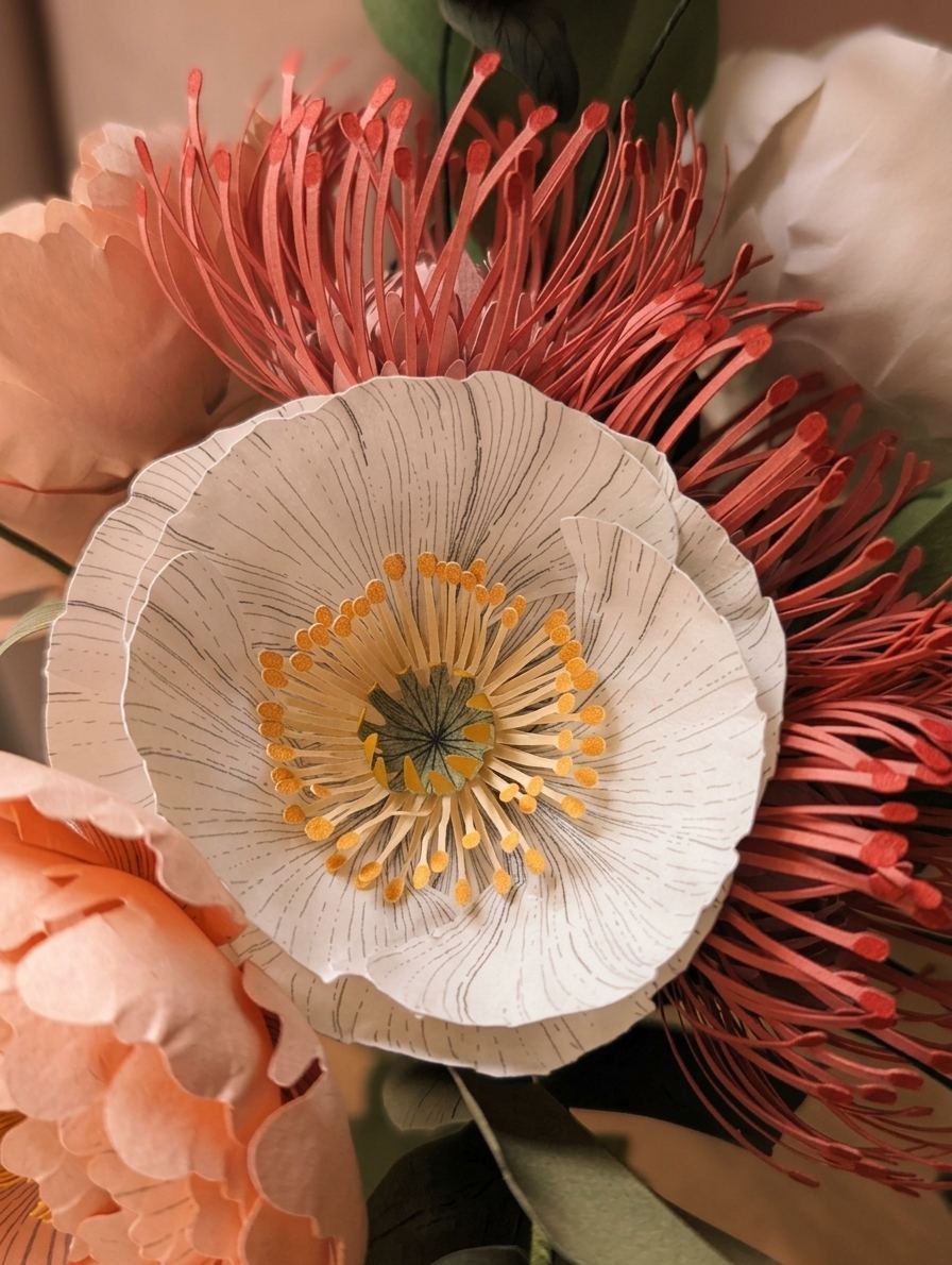 Gros plan sur un pavot blanc en papier avec étamines jaunes devant un leucospermum rose vénitien