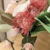 Gros plan sur des leucospermums rose vénitien et des fleurs de trèfle rosa en papier, avec feuillages de hêtre