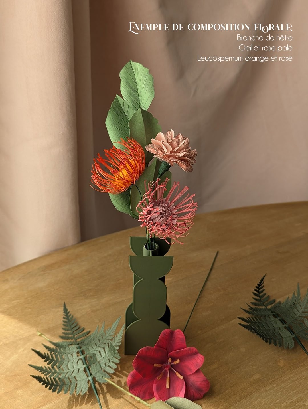 Composition de fleurs en papier avec branche de hêtre, oeillet rose pâle et têtes d'épingles orange et rose