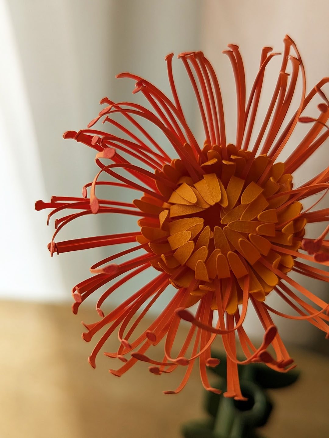 Gros plan sur les étamines recourbées d'une tête d'épingles orange en papier fait main