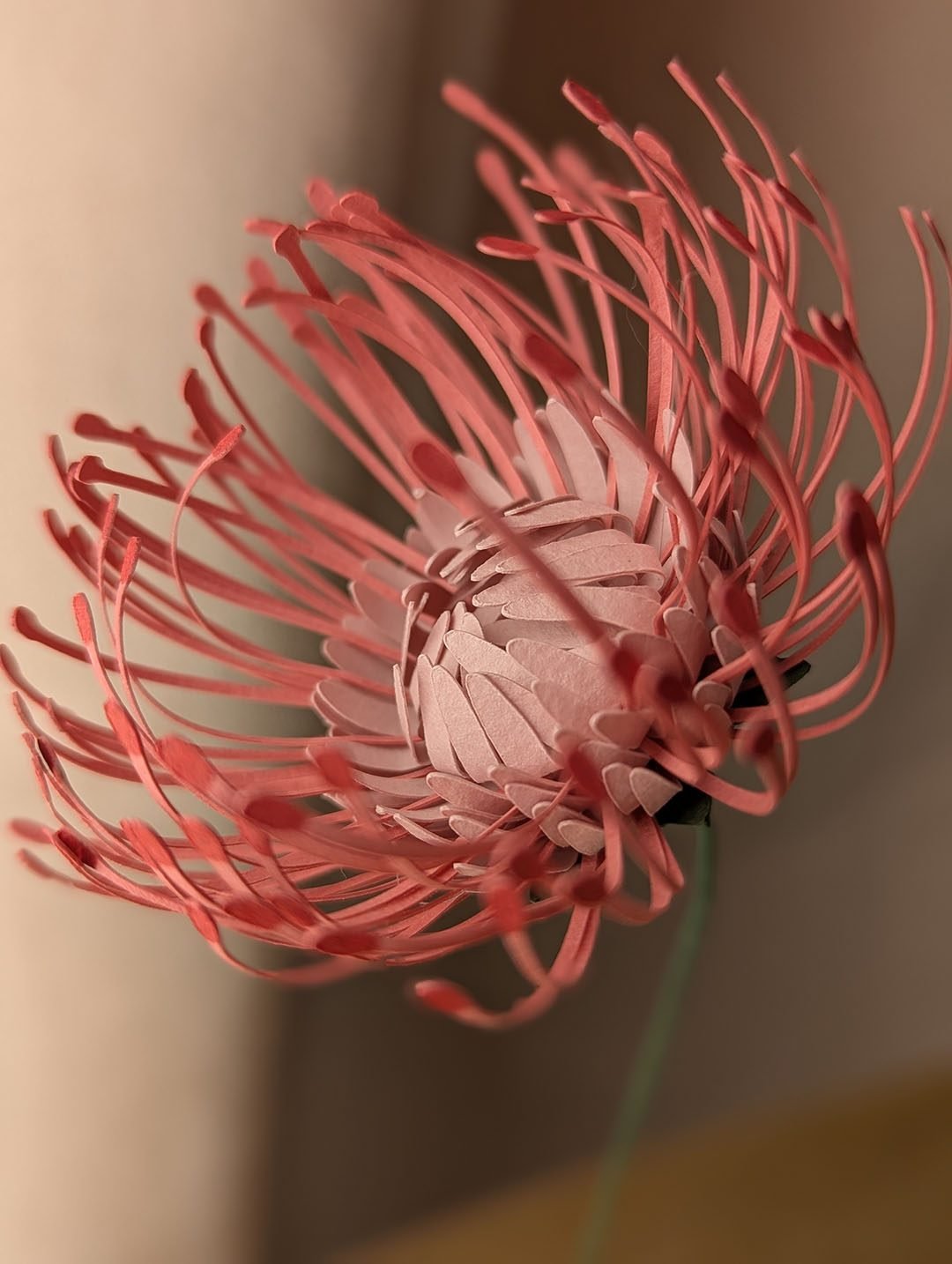 Gros plan sur le cœur rose poudré d'une tête d'épingles en papier fabriquée à la main